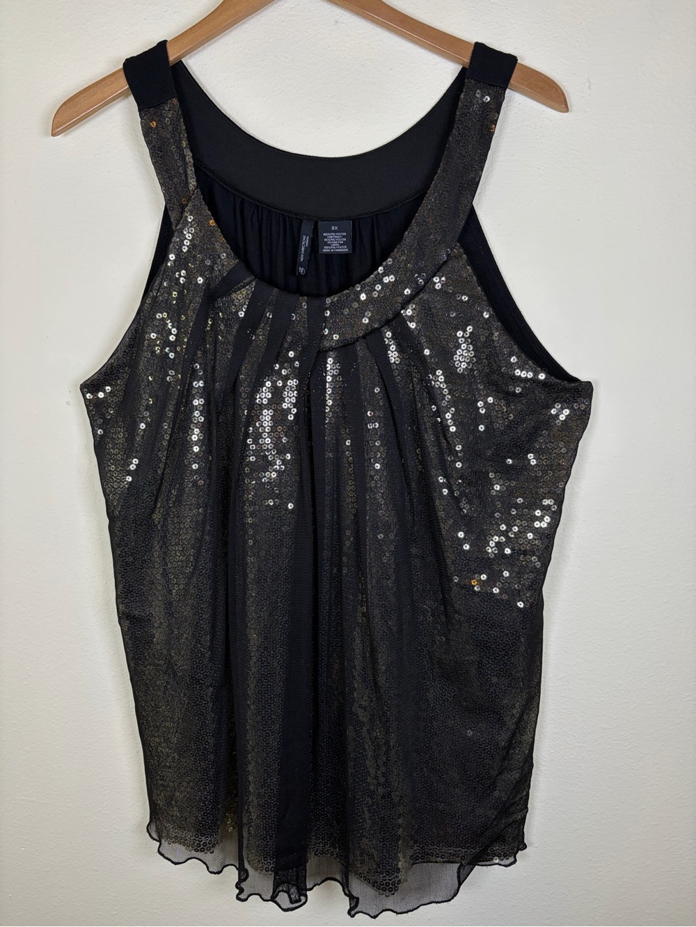 New Directions Black Gold Sequin Sleeveless Tunic Top 2X